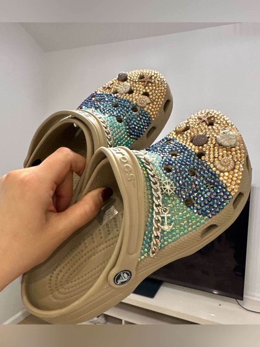 CROCS Beige Clog with Blue, Gold and Green Rhinestone Embellishments